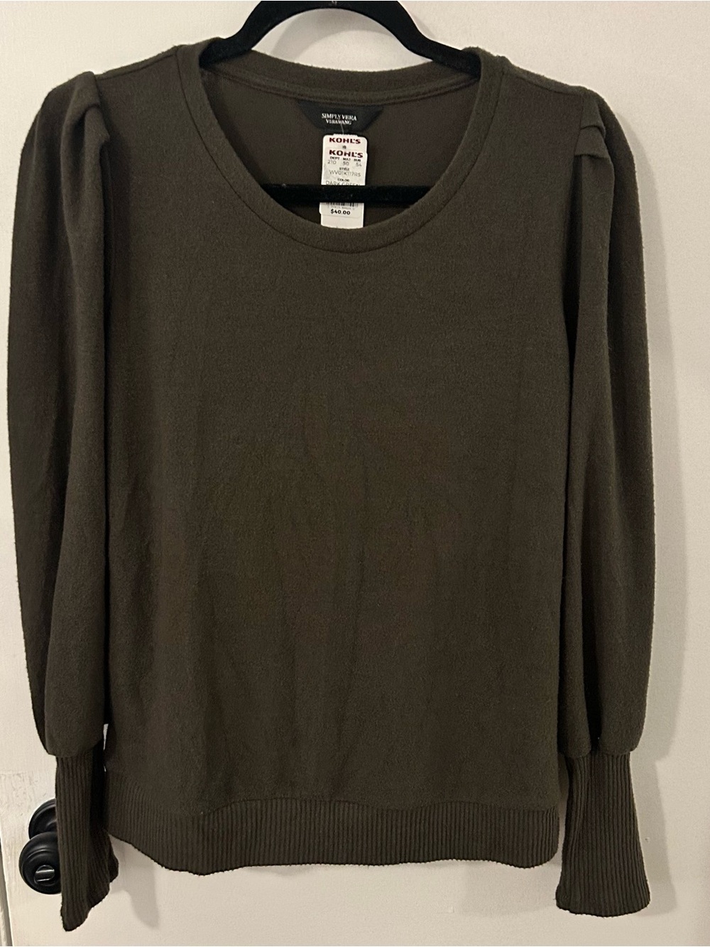 Simply Vera Vera Wang Women’s Soft Shirt Puff Sleeve Ribbed Cuffs Green S NEW